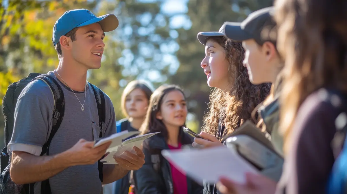 Estudiantes escuchando a su guía durante una excursión cultural