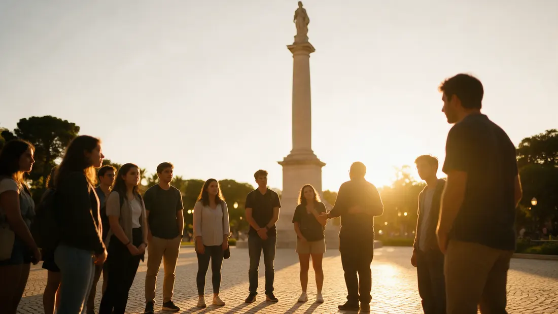 Grupo escuchando a su guía en una plaza al atardecer