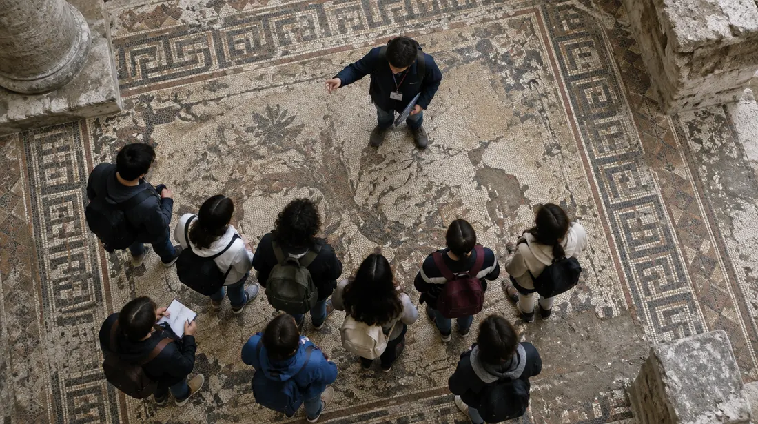 Grupo de estudiantes escuchando a su guía sobre un mosaico antiguo