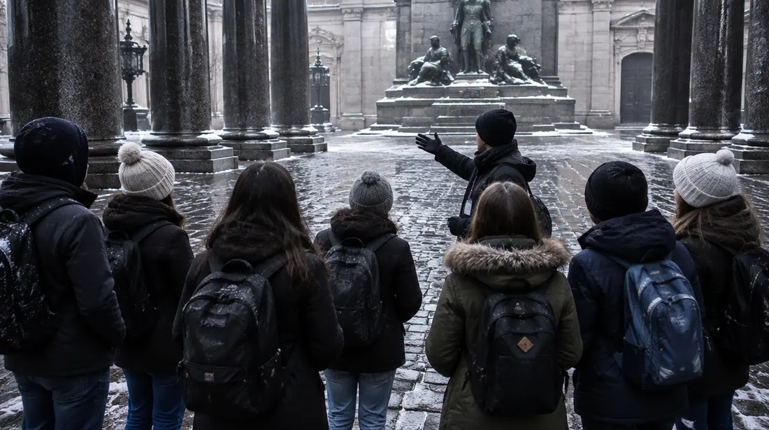 Grupo escuchando a su guía ante un monumento